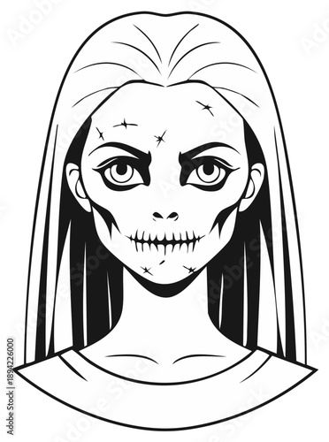 Creepy female zombie, cartoon style, black and white illustration for Halloween