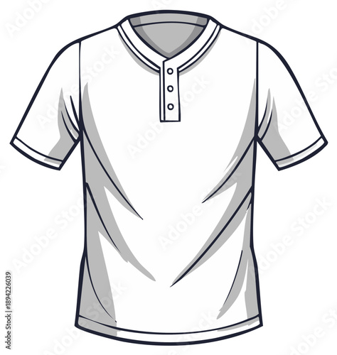 Stylized Henley T-Shirt Illustration: Clean Short Sleeve Tee Design with Button Placket and Outline