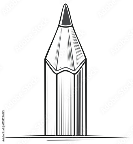Detailed hand-drawn pencil illustration featuring graphite tip, artist's tool, drawing sketch, sharp point and stylized line art