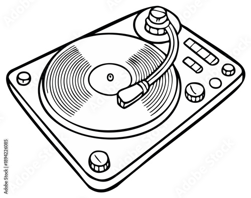 Monochrome turntable outline illustration for music and audio concepts