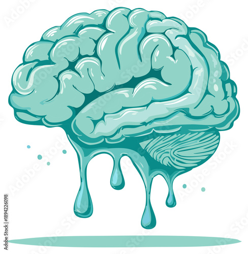 Cartoon illustration of a melting brain with dripping liquid concept