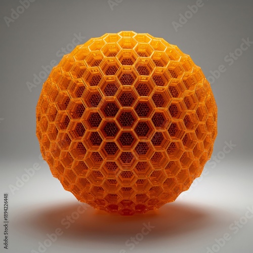 3D Orange Honeycomb Sphere With Hexagonal Patterns on Gray Background