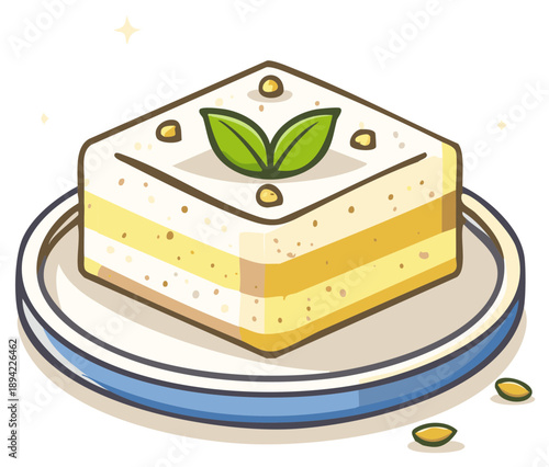 Stylized square cake with layers and mint leaf decoration on a plate with scattered seeds