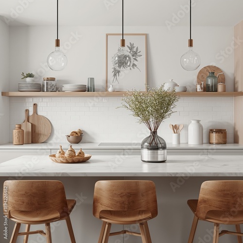 Modern Kitchen With Wooden Chairs and Decorative Items on the Counter