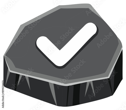 A solid check mark symbol carved into a gray stone tablet representing permanent approval