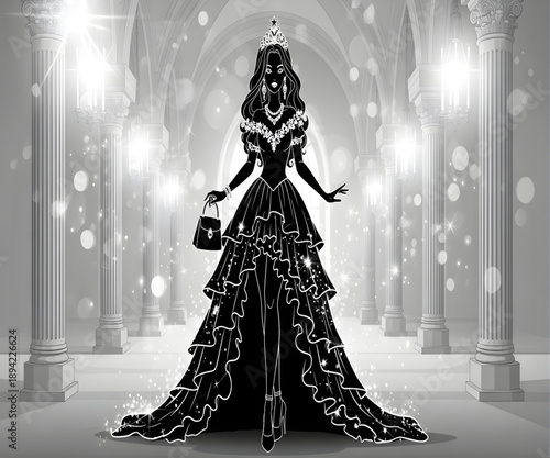 Princess in ball gown in classical hall