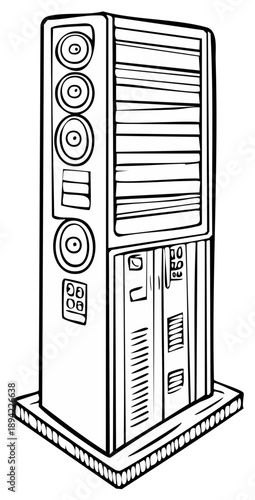 Tall electronic device with multiple speakers and ventilation grill in a simple line drawing style