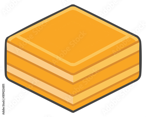 Isometric illustration of a layered sweet dessert pastry in golden orange tones