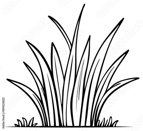 Black and white cartoon illustration of stylized grass blades and short vegetation.
