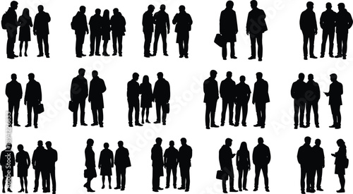 Business people silhouette vector set, black shapes of professional groups in interactive poses and workplace attire