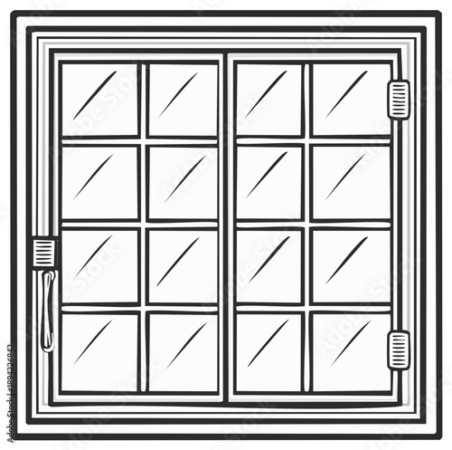 Hand drawn illustration of a traditional double pane sliding window with a handle