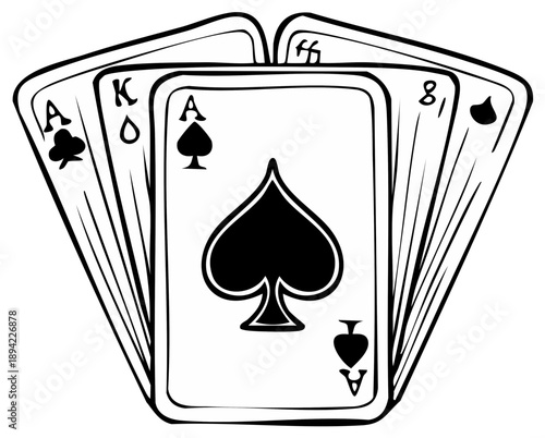 Playing cards hand fan illustration, featuring the Ace of Spades, King, and other suits in black outline