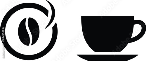 Coffee bean and cup silhouette vector set, minimalist black icons for café branding and packaging