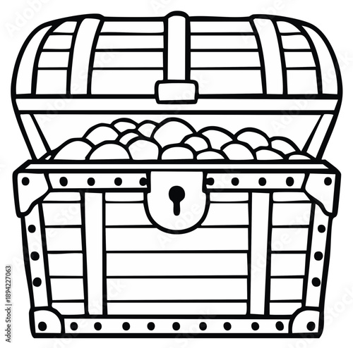 Doodle style open treasure chest filled with gold coins, black outline illustration