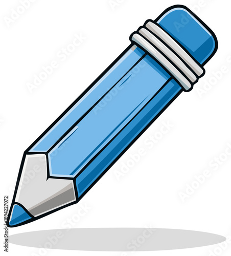 Cartoon blue pencil with sharpened point and eraser detail