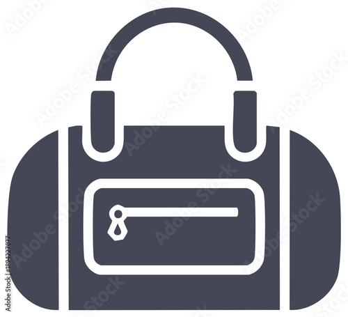 Simple dark grey duffel bag icon with handle and zipper pocket for sports and travel