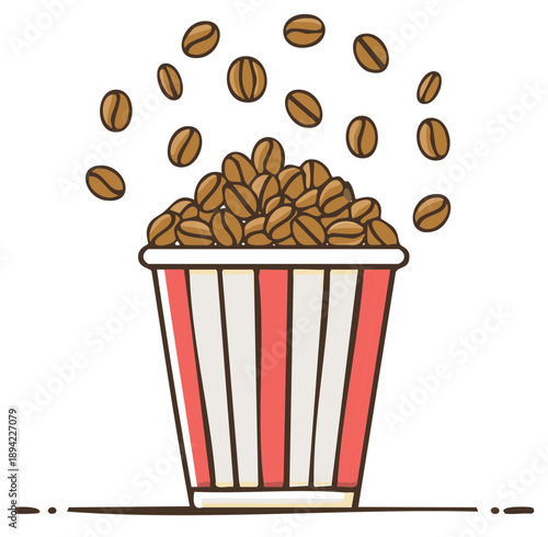 Cartoon coffee beans overflowing a striped cup with levitating beans