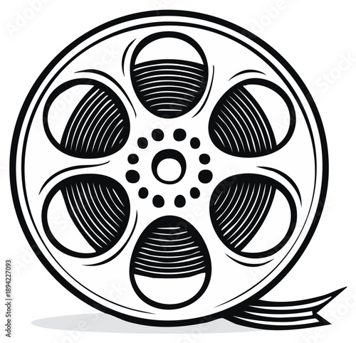 Retro style black and white film reel illustration for cinema and video production concept