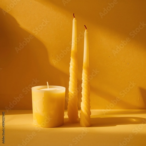 Yellow Candles and Round Candle on a Simple Surface in Soft Light During the ...