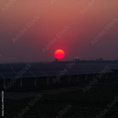 Sunset Over Solar Panels in a Rural Location During Evening Hours