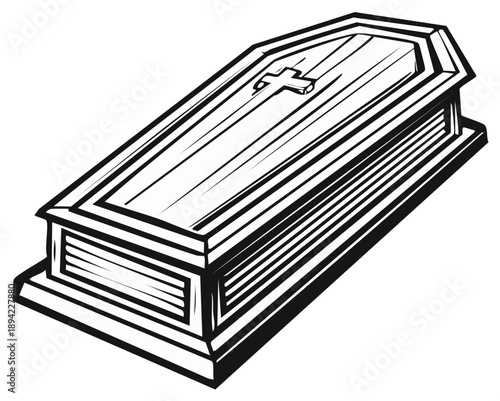 Monochrome casket with Christian cross, vector sketch for memorial service, funeral illustration, death symbol