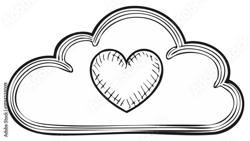 Cloud with Heart Design Element Graphic in Doodle Style Line Art Valentine Romance