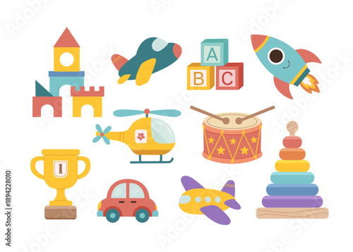 Set of kid's toys. Drum, rocket, Castle, cubes, pyramid, cup, airplane, helicopter, car. Flat vector illustration isolated on a white background.