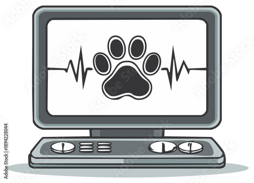 Veterinary Monitor with Paw Print and Heartbeat Line Graphic