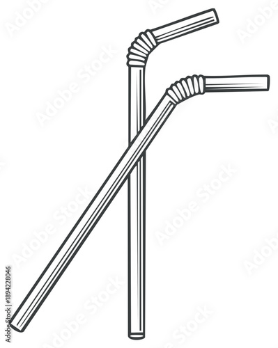 Black and white illustration of crossed plastic drinking straws.