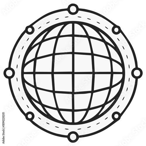 Stylized outline of a globe surrounded by a circular path with connection points representing global network concepts