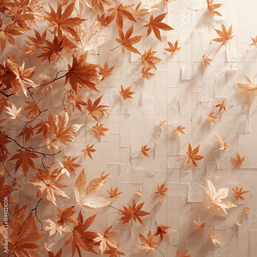 Colorful Leaves on a Textured Wall Create a Unique Indoor Decor in Warm Tones...
