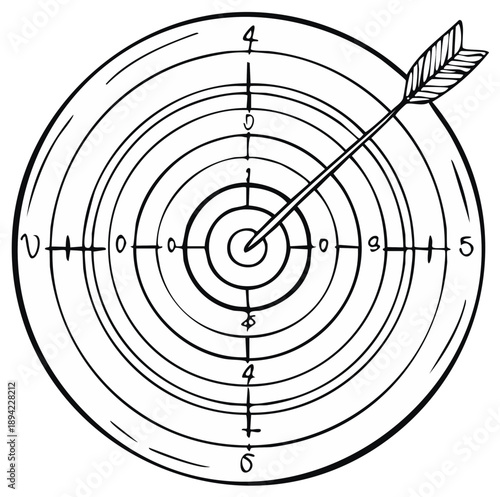 Hand drawn arrow hitting the bullseye on a circular dartboard with score markings