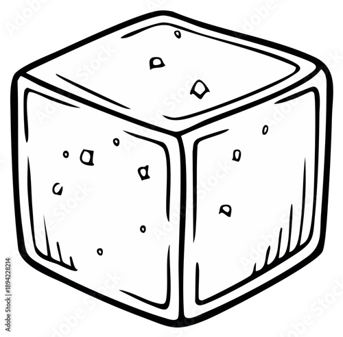 Simple outline drawing of a cube with rough texture and small embedded particles
