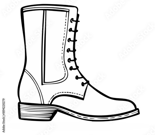 Line drawing of a lace-up leather work boot with a heel and seam detail for fashion or design projects