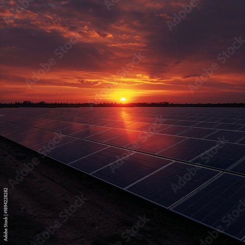 Solar Panels Reflect Sunset Light in a Scenic Landscape During Evening Hours