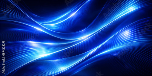 Smooth flowing waves of light and purple energy create a glowing fractal design on this abstract blue digital wallpaper background with motion lines and a curved texture