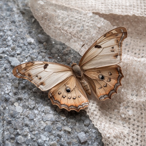 Butterfly Resting on a Surface With Textured Fabric and Gravel Background in ...