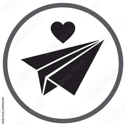 Minimalist black paper airplane and heart icon in a circle, representing love messages and communication