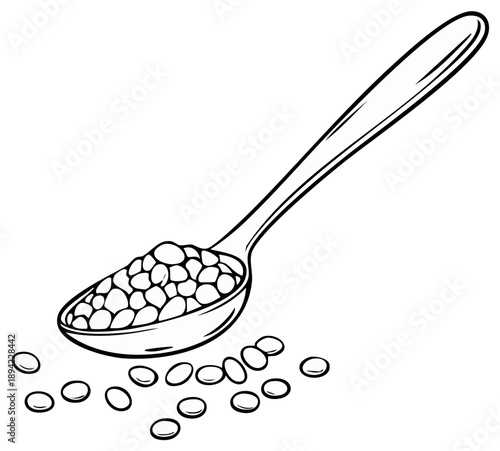 A spoon filled with lentils and scattered lentils.