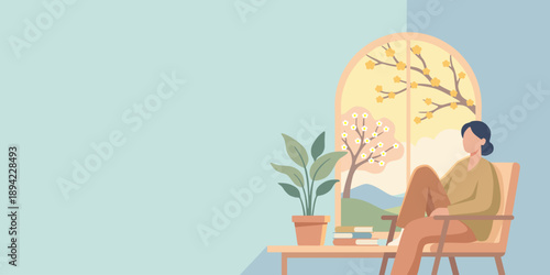 A woman relaxing in an armchair by the window against the background of a spring landscape. A cozy interior with books and indoor plants. Comfort and spring renewal.