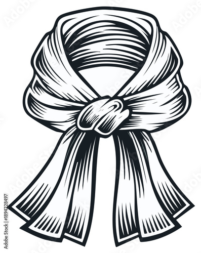 Elegant knotted scarf illustration, detailed line art drawing of a folded silk scarf, neckwear fashion accessory