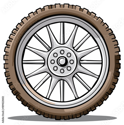 Motorcycle Wheel with Spoked Rim and Rugged Tire Tread