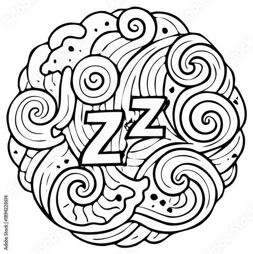 Sleepy Head Icon with Z Letters amidst Swirling Lines Concept Art in Black and White