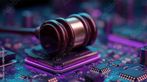 Judge Gavel on Electronic Circuit Board Representing Digital Law, Cyber Justice and Legal Technology – AI Regulation, Tech Governance and Future Justice Concept