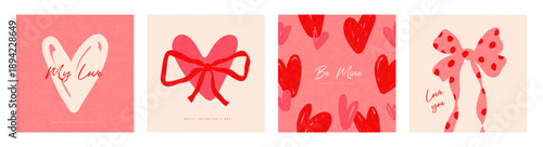 Set of square card designs in painterly sketch style featuring hearts and ribbon bows for Valentine's Day holiday and romantic celebration, vector illustration