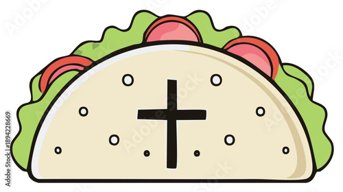 Taco shaped as a religious symbol with lettuce and tomato toppings