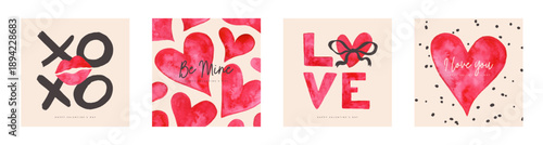 Set of square greeting card designs in watercolor painting style with hearts, lip print and bow for Valentine's Day romantic message, vector illustration