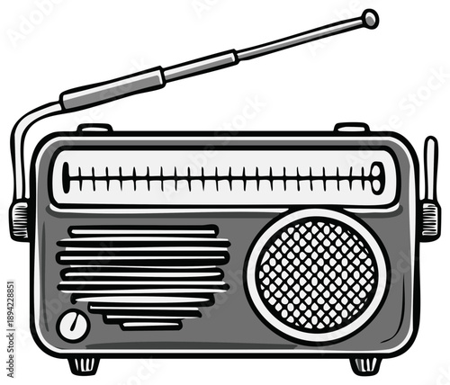 Illustration of a portable radio with antenna, dial and speaker for listening to broadcast