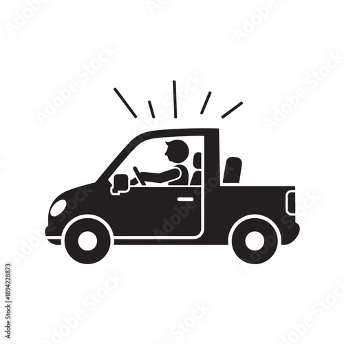 Black Solid Pickup Truck Vector Icon with Driver for Transport, Delivery and Service