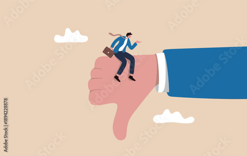 Businessman riding on a giant thumb down, symbolizing failure or disapproval